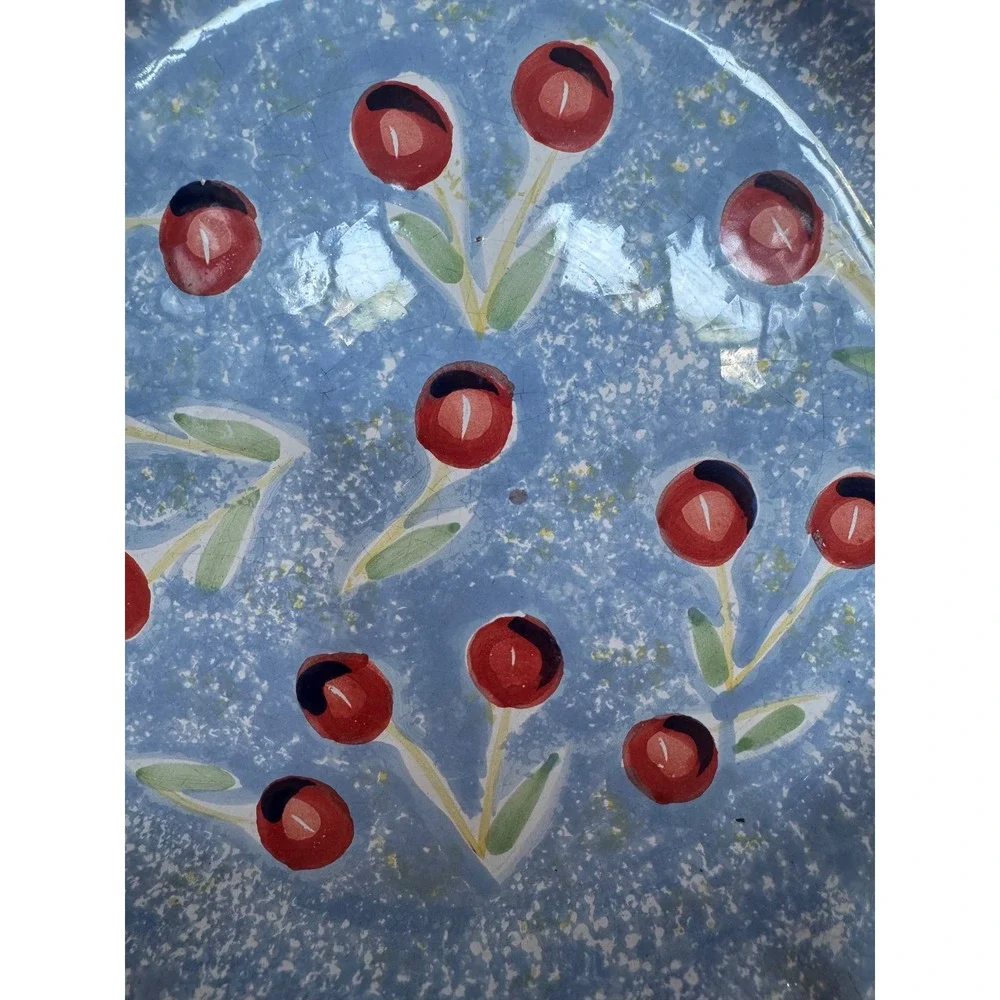 Roma Italy Hand Painted Ceramic Pie Dish Scalloped Blue Cherry Tart Pan Vintage